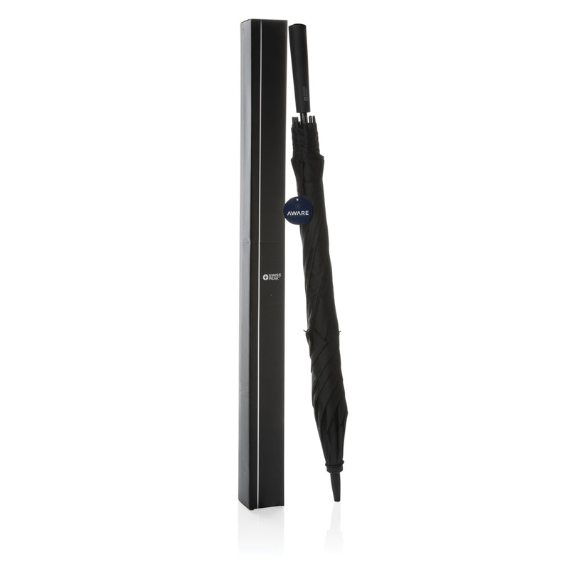 Load image into Gallery viewer, Swiss Peak Tornado 23-inch storm umbrella open, showing durable canopy and sturdy handle in a rainy outdoor setting.