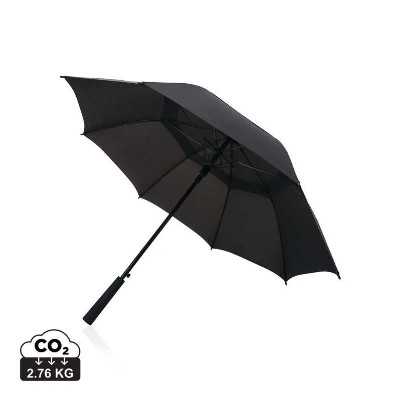 Load image into Gallery viewer, Swiss Peak Tornado 23-inch storm umbrella open, black canopy with sturdy handle, designed for wind-resistant protection.