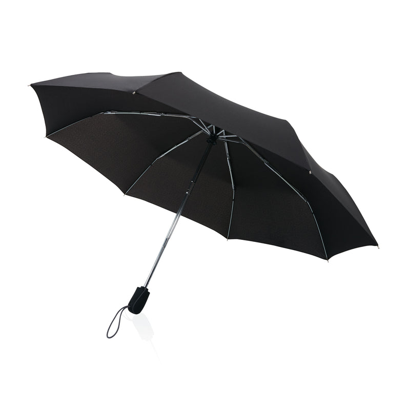 Load image into Gallery viewer, Swiss Peak Traveller 21-inch automatic umbrella open, black canopy with silver handle, lightweight and wind-resistant.