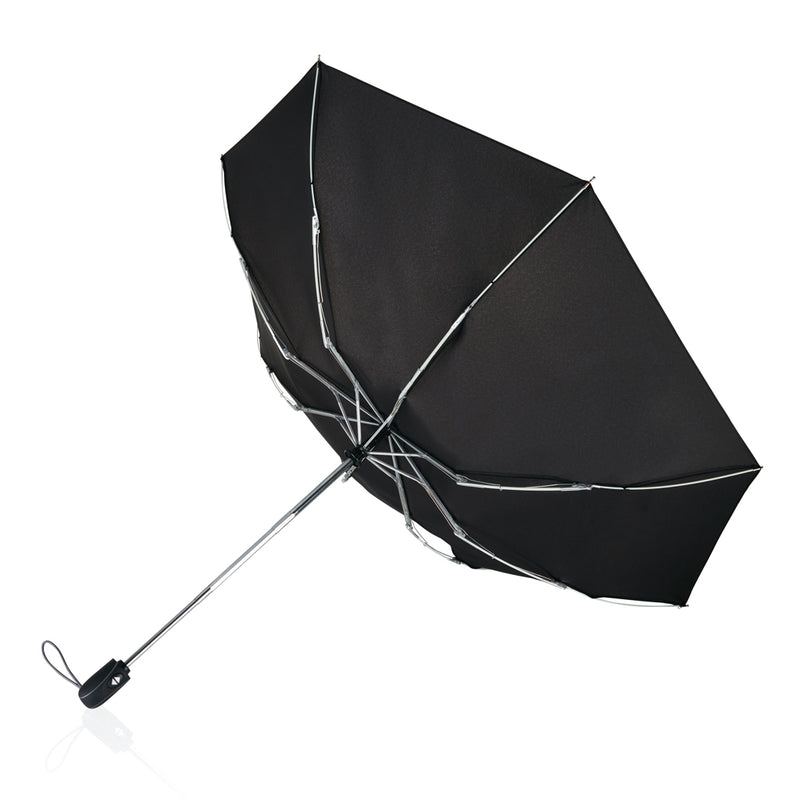 Load image into Gallery viewer, Swiss Peak Traveller 21-inch automatic umbrella open, black canopy with ergonomic handle and compact design.