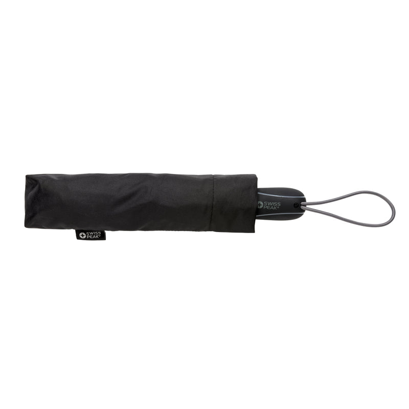 Load image into Gallery viewer, Swiss Peak Traveller 21-inch automatic umbrella open, black canopy with sturdy handle, compact and lightweight for travel.