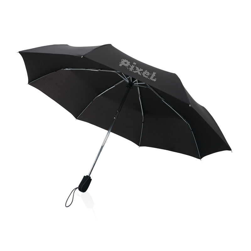 Load image into Gallery viewer, Swiss Peak Traveller 21-inch automatic umbrella open with black canopy and sturdy handle, ready for rainy weather.