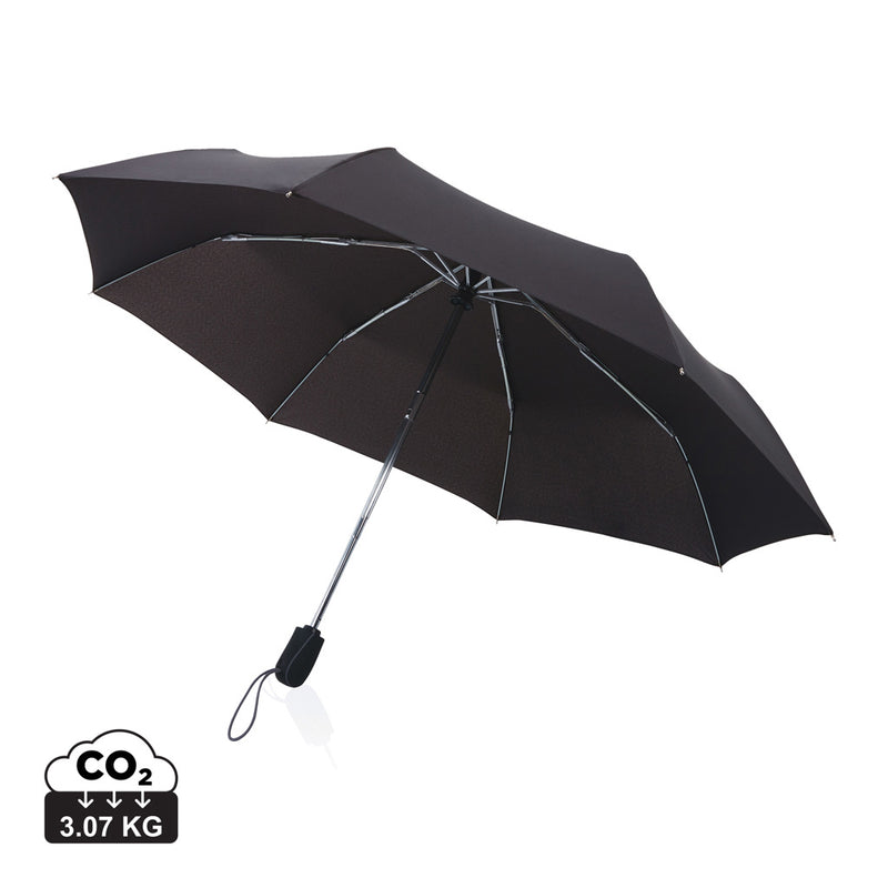 Load image into Gallery viewer, Swiss Peak Traveller 21-inch automatic umbrella open, navy blue canopy with ergonomic handle, compact travel umbrella for rain protection.