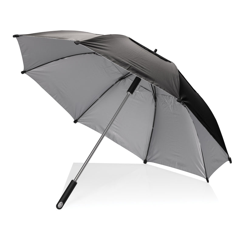 Load image into Gallery viewer, 27-inch Hurricane storm umbrella by XD Xclusive with sturdy canopy and wind-resistant design, shown open against a blue sky.