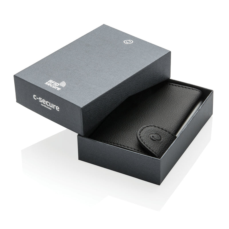 Load image into Gallery viewer, C-Secure RFID card holder and wallet made of black leather, compact design for secure card and cash storage.