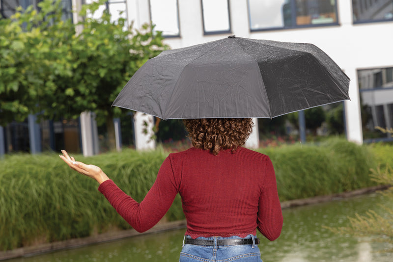 Load image into Gallery viewer, 21-inch Impact AWARE™ RPET dual-color mini umbrella by XD Collection, featuring a compact design and vibrant two-tone fabric.