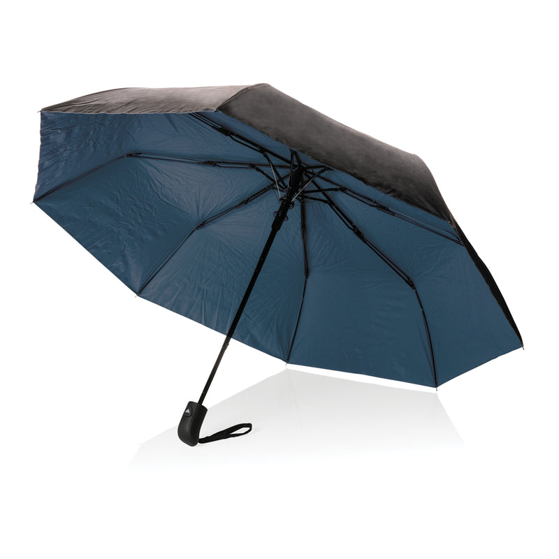 Load image into Gallery viewer, 21-inch Impact AWARE™ RPET 190T Pongee dual-color mini umbrella by XD Collection, open with vibrant blue and green panels.