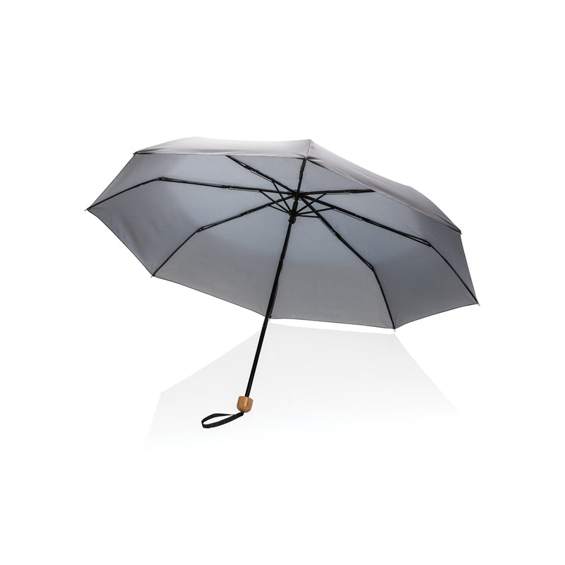 Load image into Gallery viewer, 20.5-inch Impact AWARE™ RPET bamboo mini umbrella by XD Collection with 190T pongee fabric and bamboo handle, open and folded views.