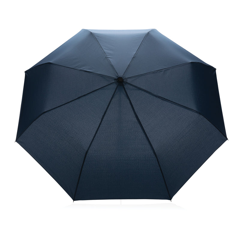 Load image into Gallery viewer, 20.5-inch Impact AWARE™ RPET bamboo mini umbrella by XD Collection, featuring a compact design with bamboo handle and patterned canopy.