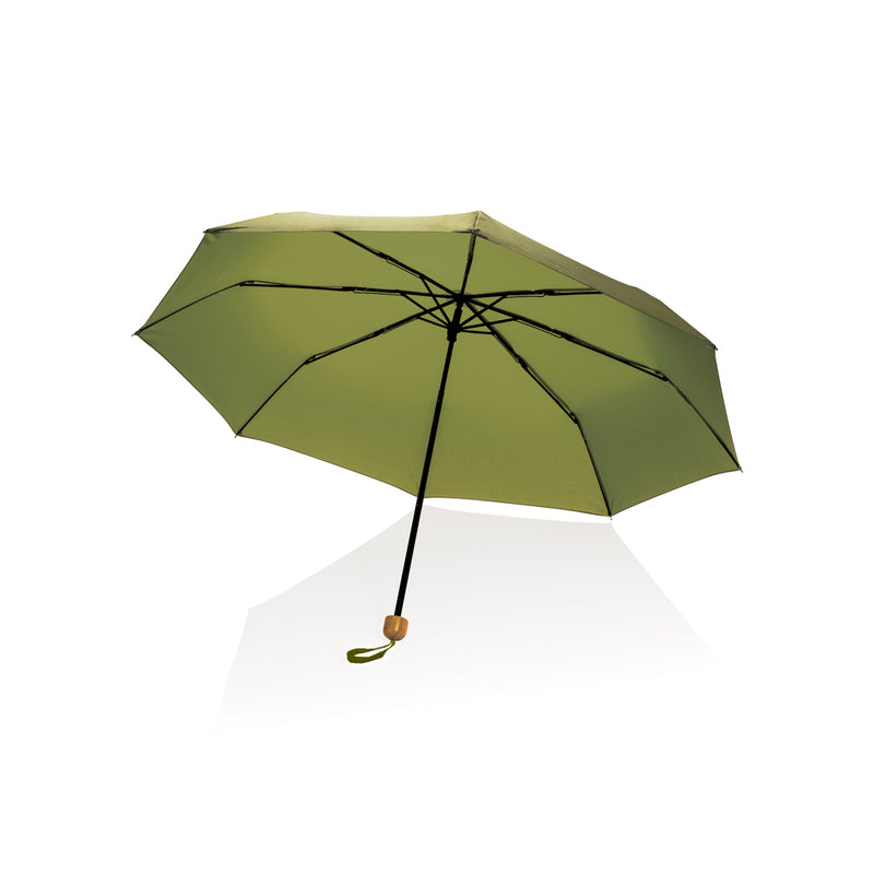 Load image into Gallery viewer, 20.5-inch Impact AWARE™ RPET bamboo mini umbrella by XD Collection with 190T pongee fabric and bamboo handle, open and closed view