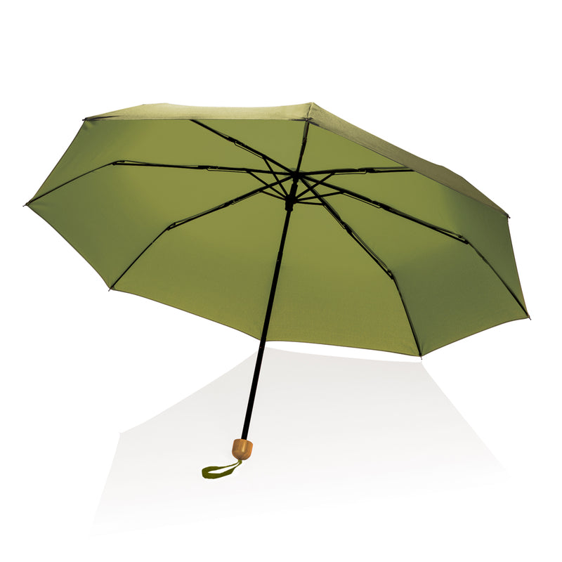 Load image into Gallery viewer, 20.5-inch Impact AWARE™ RPET bamboo mini umbrella by XD Collection, featuring a compact design with bamboo handle and colorful canopy.