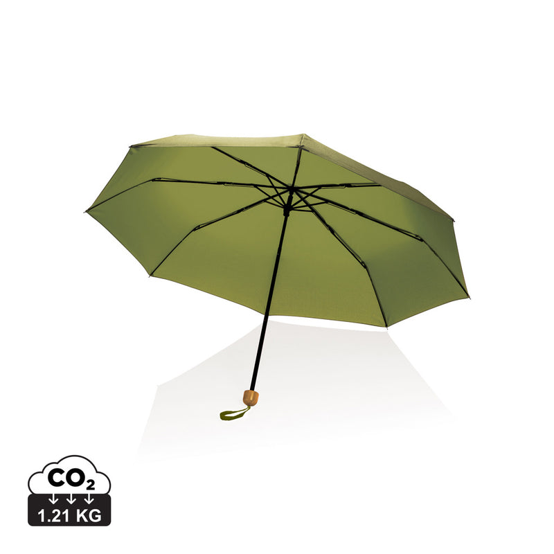 Load image into Gallery viewer, 20.5-inch Impact AWARE™ RPET bamboo mini umbrella by XD Collection featuring eco-friendly 190T pongee fabric and bamboo handle.