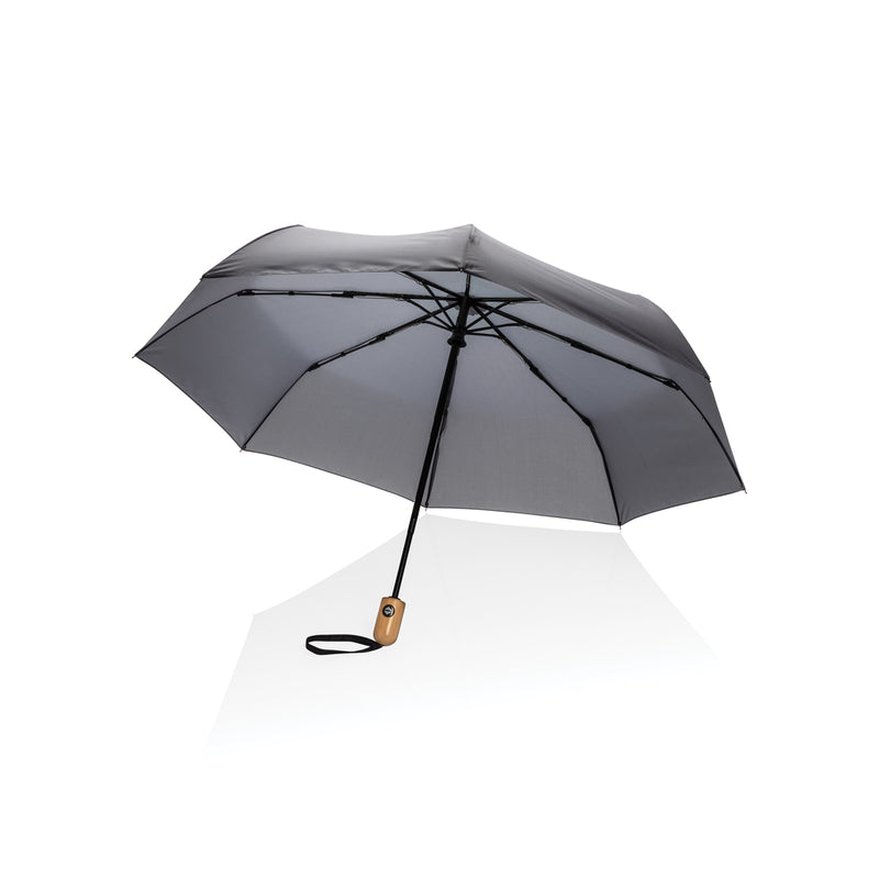 Load image into Gallery viewer, 21-inch Impact AWARE™ RPET bamboo auto open/close umbrella by XD Collection, featuring a stylish bamboo handle and vibrant canopy.