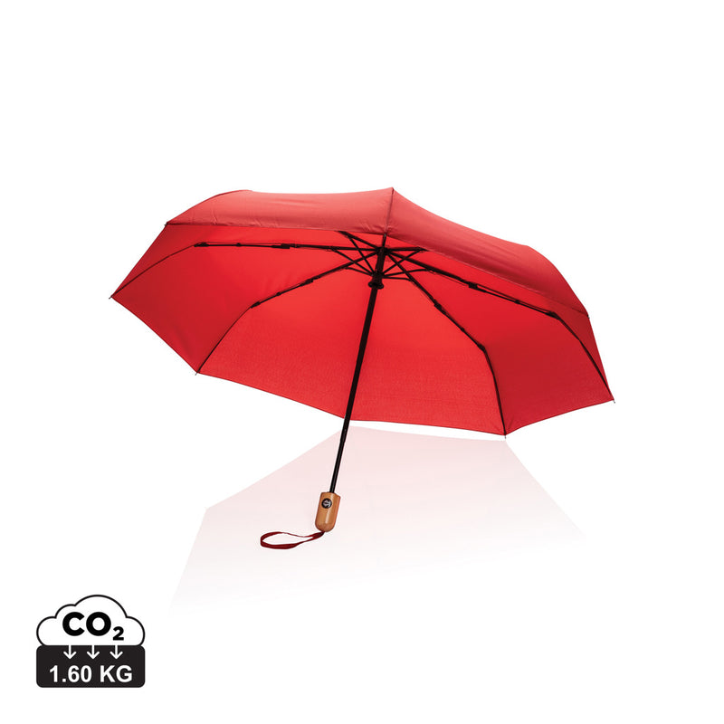Load image into Gallery viewer, 21-inch Impact AWARE™ RPET bamboo auto open/close umbrella by XD Collection, featuring eco-friendly design and bamboo handle.