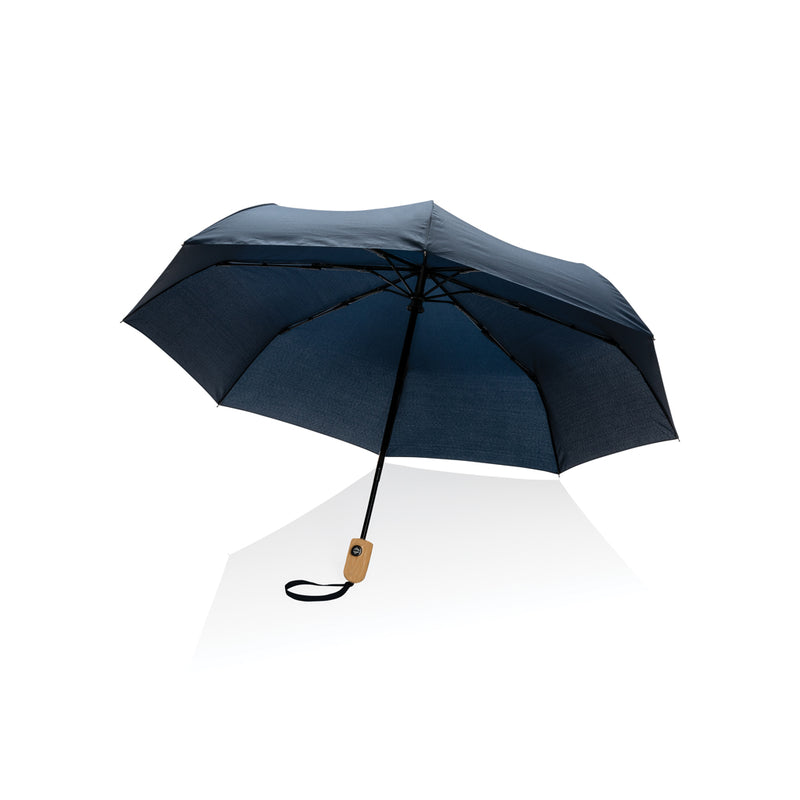 Load image into Gallery viewer, XD Collection 21-inch Impact AWARE™ RPET bamboo auto open/close umbrella with durable 190T fabric, eco-friendly design.