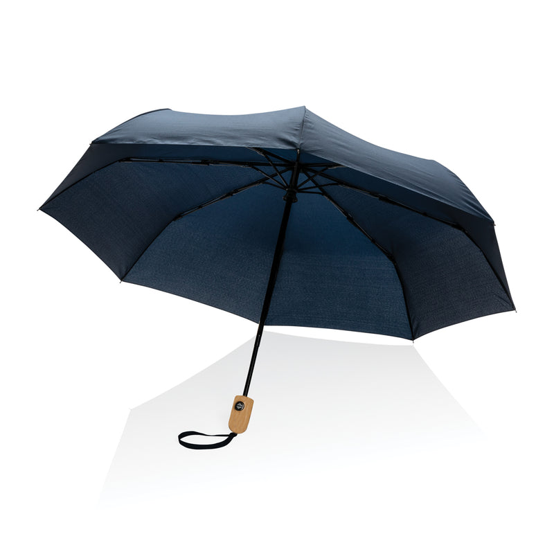 Load image into Gallery viewer, 21-inch Impact AWARE™ RPET bamboo auto open/close umbrella by XD Collection, featuring a stylish bamboo handle and vibrant canopy.