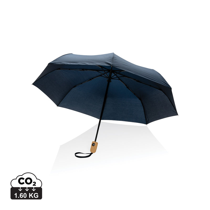 Load image into Gallery viewer, 21-inch Impact AWARE™ RPET bamboo auto open umbrella by XD Collection, featuring eco-friendly materials and a sleek bamboo handle.