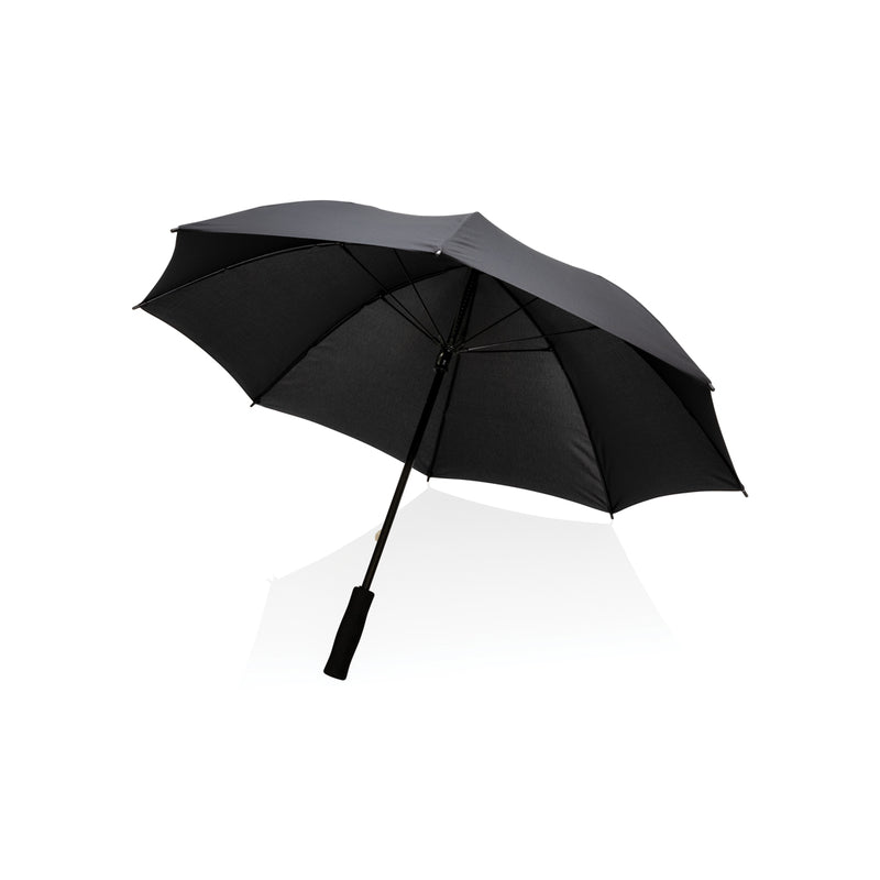Load image into Gallery viewer, XD Collection 23-inch Impact AWARE™ RPET stormproof umbrella open with black canopy and sturdy handle.