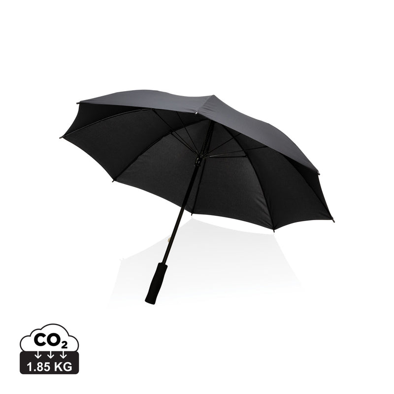 Load image into Gallery viewer, XD Collection 23-inch Impact AWARE™ RPET storm-proof umbrella open with black canopy and sturdy handle.