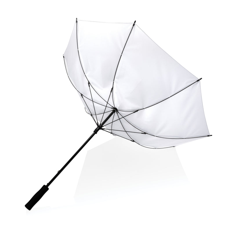 Load image into Gallery viewer, 23-inch Impact AWARE™ RPET storm-proof umbrella by XD Collection with a sturdy handle and vibrant canopy, rain-resistant design.