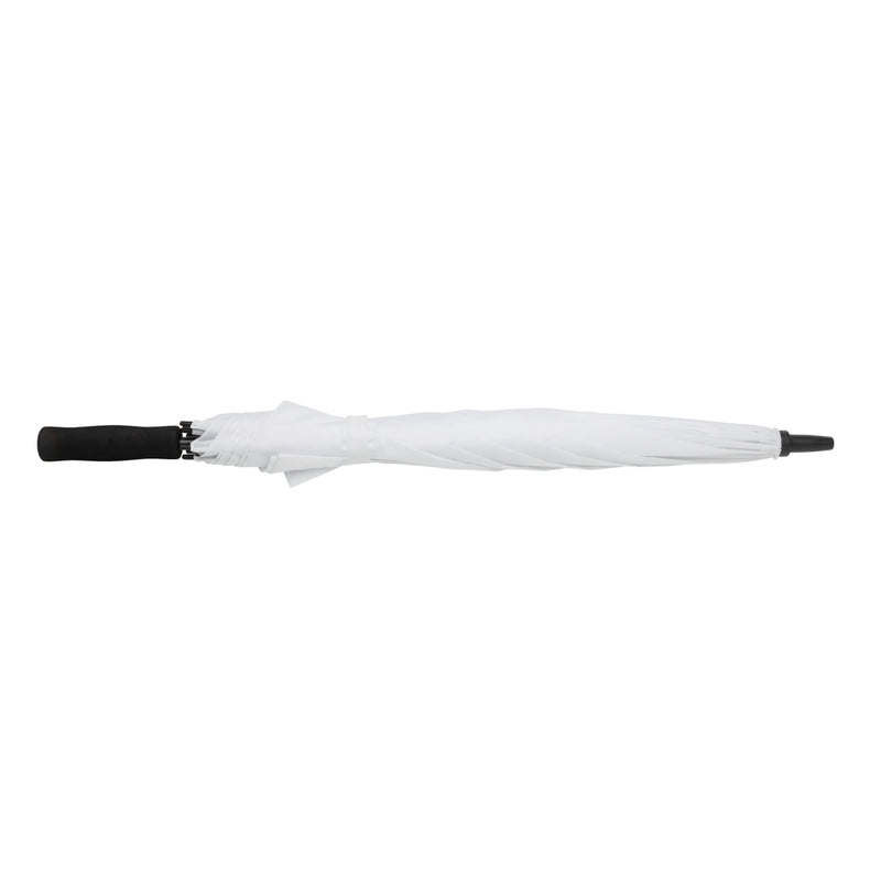 Load image into Gallery viewer, XD Collection 23-inch Impact AWARE™ RPET 190T storm-proof umbrella open with green canopy and sturdy handle, rain-resistant design.