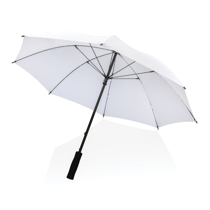 Load image into Gallery viewer, XD Collection 23-inch Impact AWARE™ RPET storm-proof umbrella open, showcasing durable 190T rain-resistant canopy in vibrant colors.