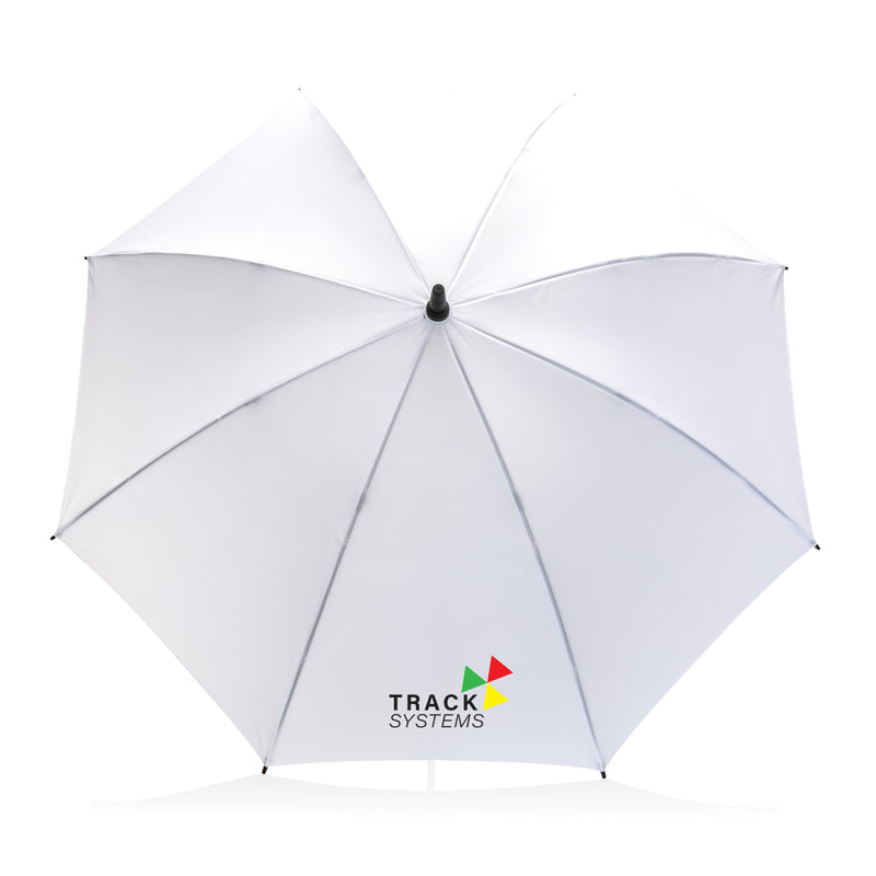 Load image into Gallery viewer, XD Collection 23-inch Impact AWARE™ RPET storm-proof umbrella open with rain-resistant canopy and sturdy handle.