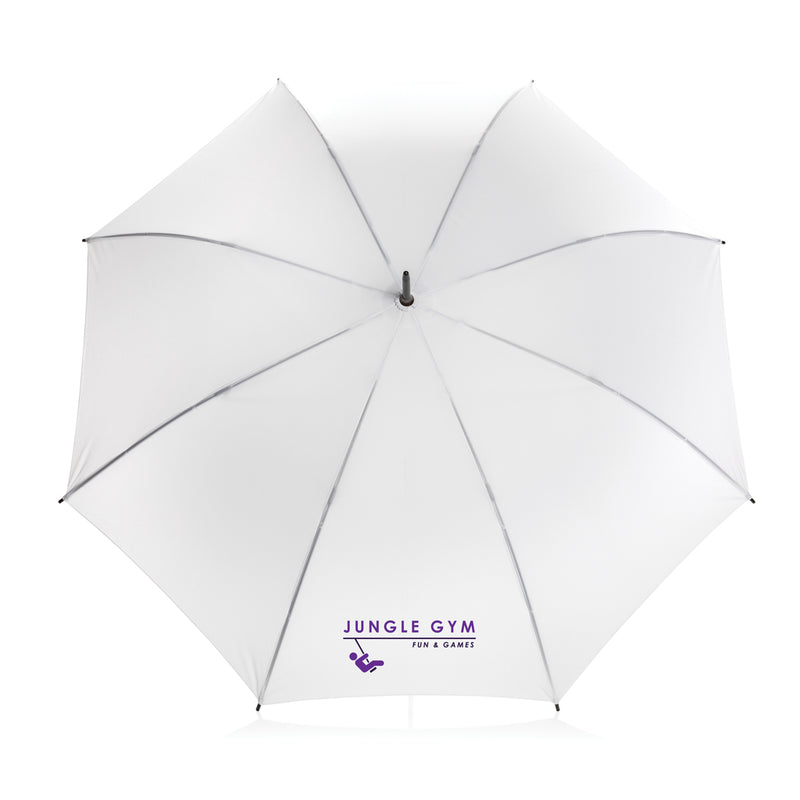 Load image into Gallery viewer, 23-inch Impact AWARE™ RPET auto open umbrella by XD Collection with green canopy and sturdy auto-open mechanism.