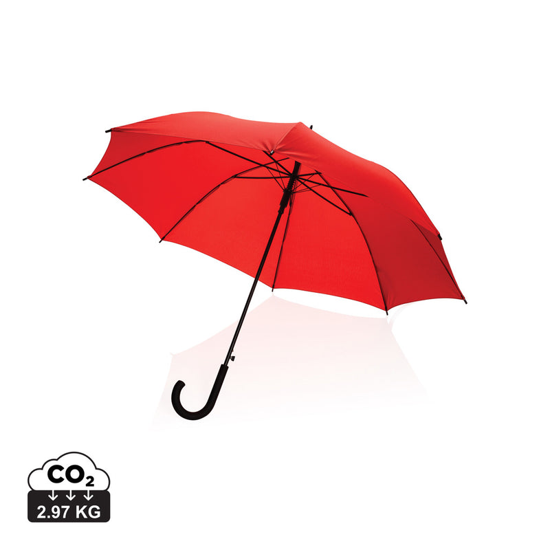 Load image into Gallery viewer, XD Collection 23-inch Impact AWARE™ RPET auto-open umbrella with blue canopy and sturdy handle, designed for rain protection.