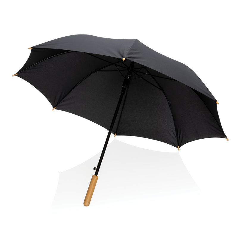 Load image into Gallery viewer, 23-inch Impact AWARE™ RPET bamboo umbrella by XD Collection, auto open design with eco-friendly bamboo handle and colorful canopy.