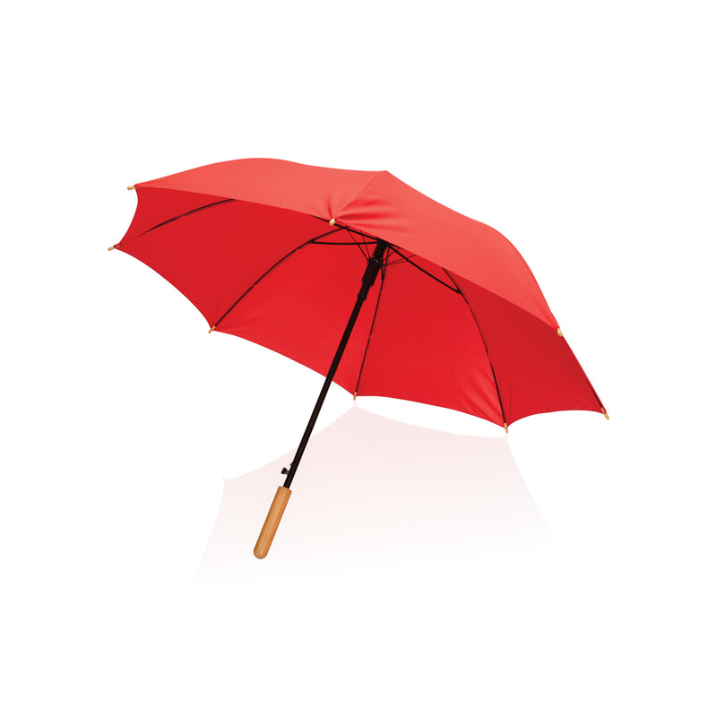 Load image into Gallery viewer, 23-inch Impact AWARE™ RPET bamboo umbrella by XD Collection, auto open with eco-friendly bamboo handle and vibrant canopy.