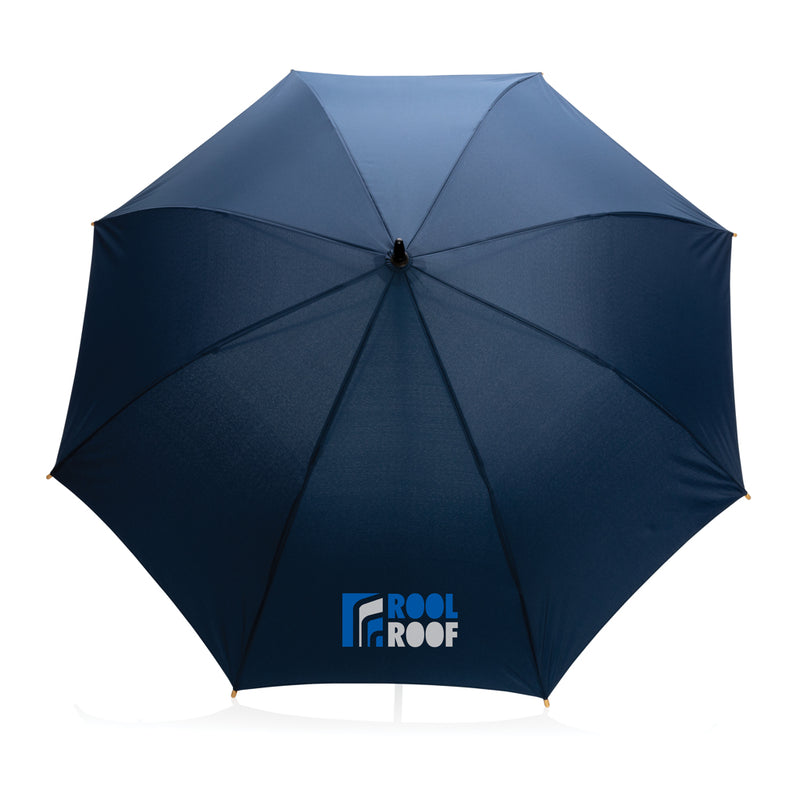 Load image into Gallery viewer, 23-inch Impact AWARE™ RPET bamboo auto-open umbrella by XD Collection, featuring green canopy and bamboo handle.
