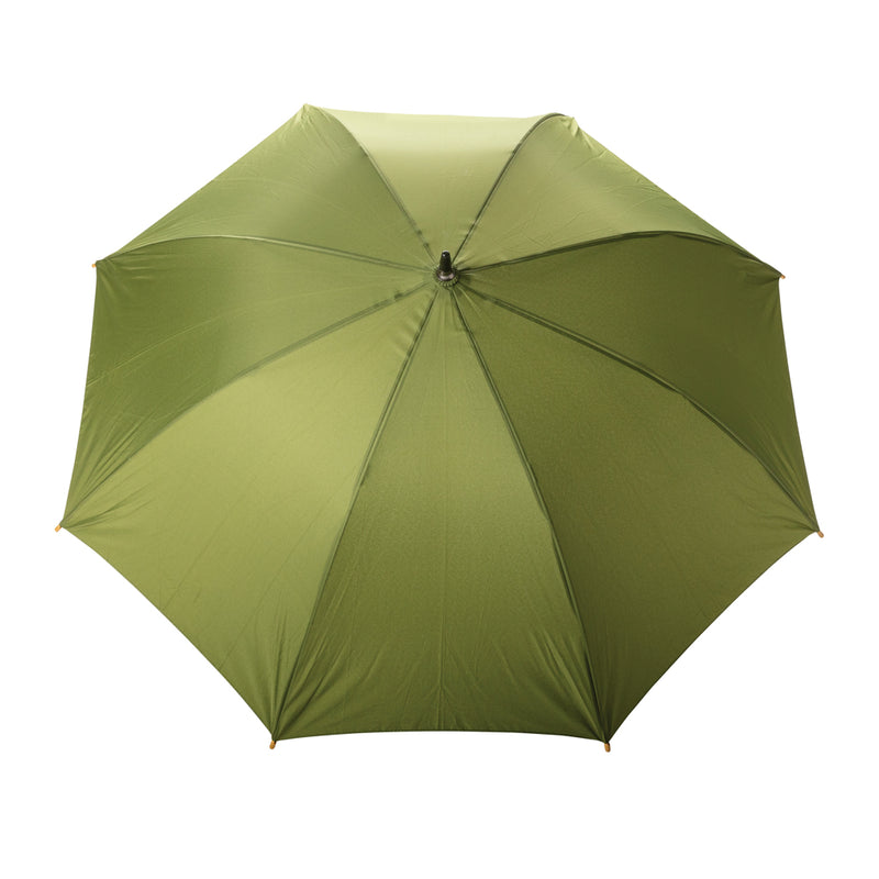 Load image into Gallery viewer, 23-inch Impact AWARE™ RPET bamboo auto-open umbrella by XD Collection, featuring a sleek design with bamboo handle and vibrant canopy.