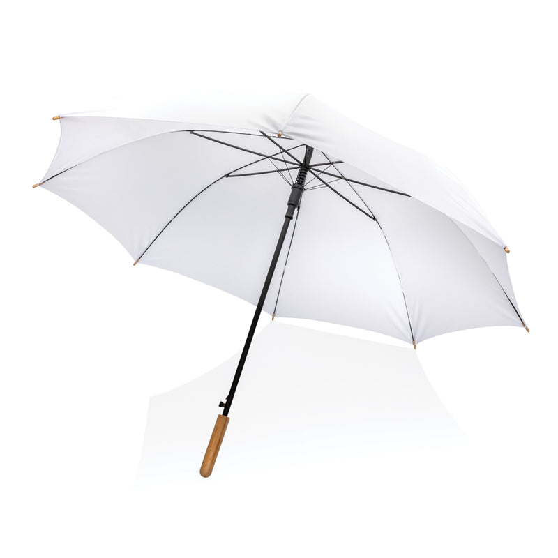 Load image into Gallery viewer, 27-inch Impact AWARE™ RPET bamboo umbrella by XD Collection, auto-open design with eco-friendly bamboo handle and 190T canopy.