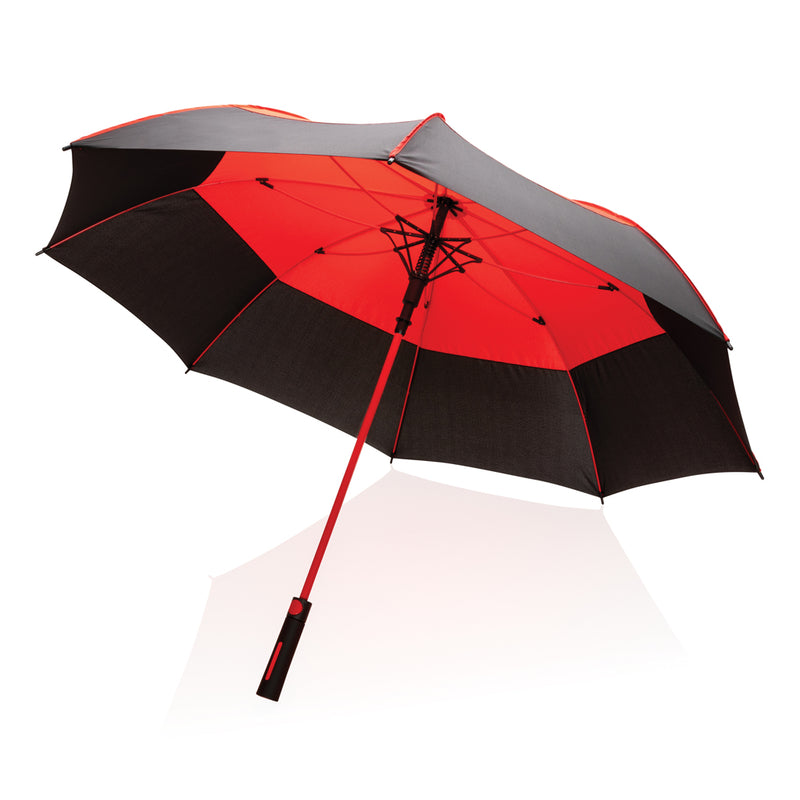 Load image into Gallery viewer, 27-inch Impact AWARE™ RPET stormproof umbrella by XD Collection, auto open with durable 190T fabric, designed for weather protection.