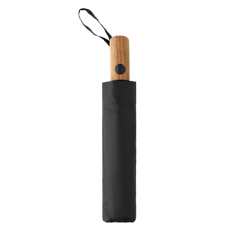 Load image into Gallery viewer, Kaycey 21-inch AWARE™ RPET Acacia wood mini auto open umbrella by XD Collection, featuring a compact design and wooden handle.