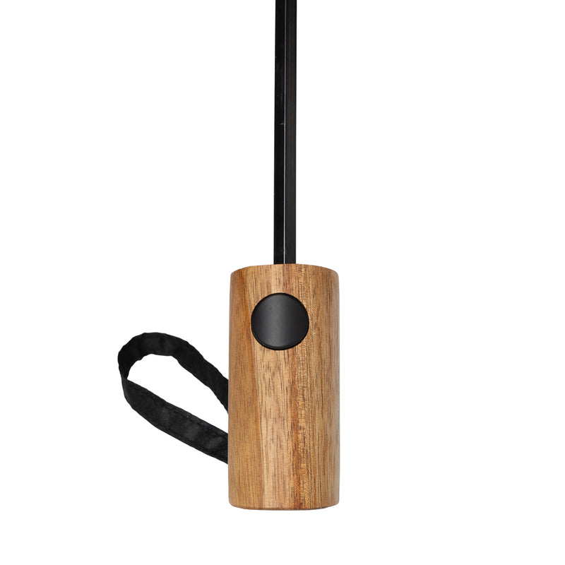 Load image into Gallery viewer, Kaycey 21-inch AWARE™ RPET acacia wood mini auto open umbrella by XD Collection, shown open with wooden handle and fabric canopy.