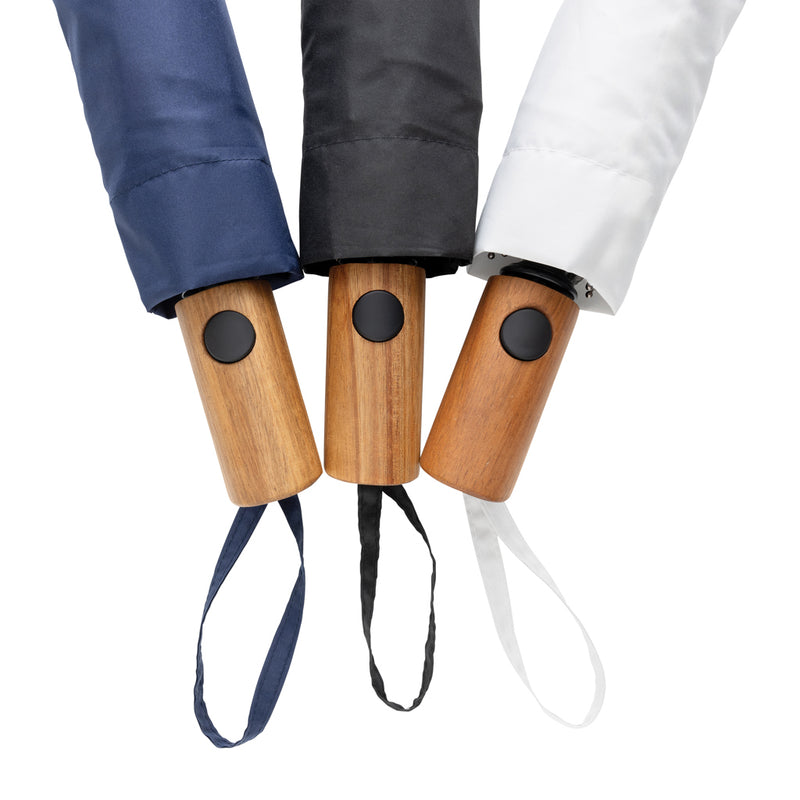 Load image into Gallery viewer, Kaycey 21-inch AWARE™ RPET acacia wood mini auto open umbrella by XD Collection, featuring a compact design and wooden handle.