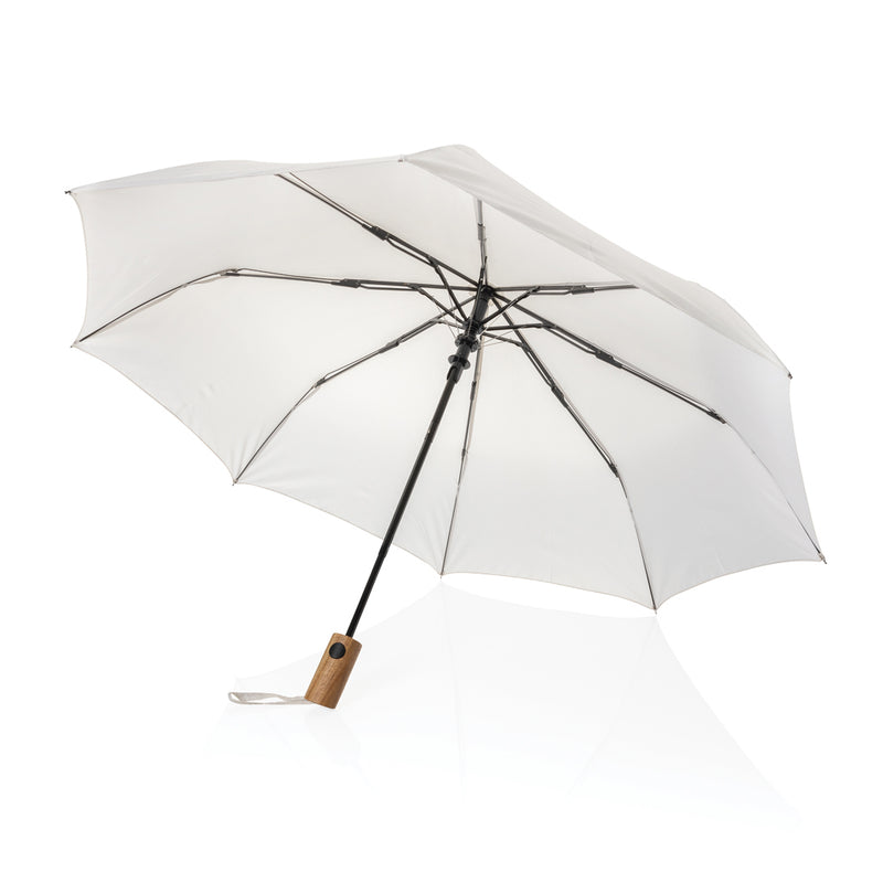 Load image into Gallery viewer, Kaycey 21-inch AWARE™ RPET Acacia wood mini auto open umbrella with compact design, black canopy, and wooden handle.