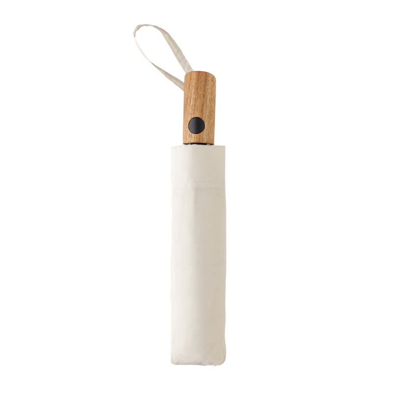 Load image into Gallery viewer, Kaycey 21-inch AWARE™ RPET acacia wood mini auto open umbrella with compact design, featuring wooden handle and fabric canopy.