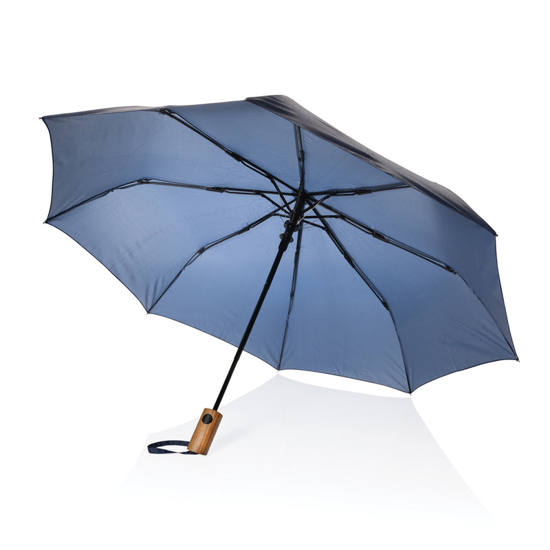 Load image into Gallery viewer, Kaycey 21-inch AWARE RPET Acacia wood mini auto open umbrella from XD Collection, featuring eco-friendly design and wooden handle