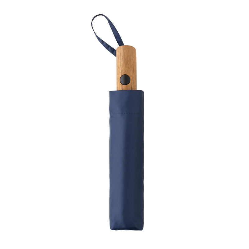 Load image into Gallery viewer, Kaycey 21-inch AWARE™ RPET acacia wood mini auto open umbrella by XD Collection, showing the compact umbrella with wooden handle.