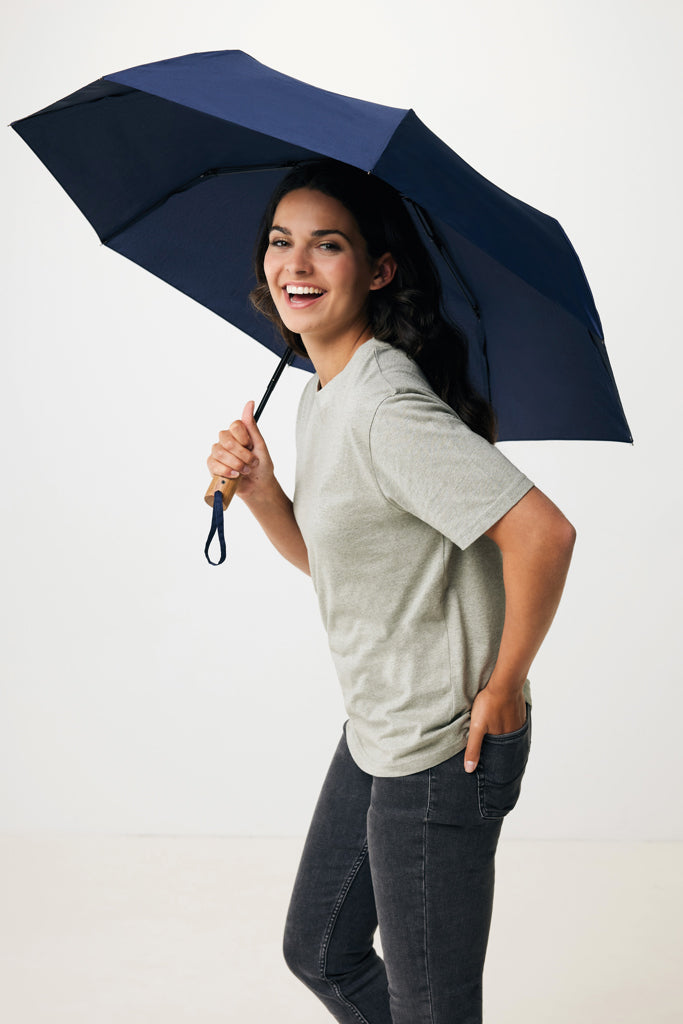 Load image into Gallery viewer, Kaycey 21-inch AWARE™ RPET acacia wood mini auto open umbrella from XD Collection, with wooden handle and compact design