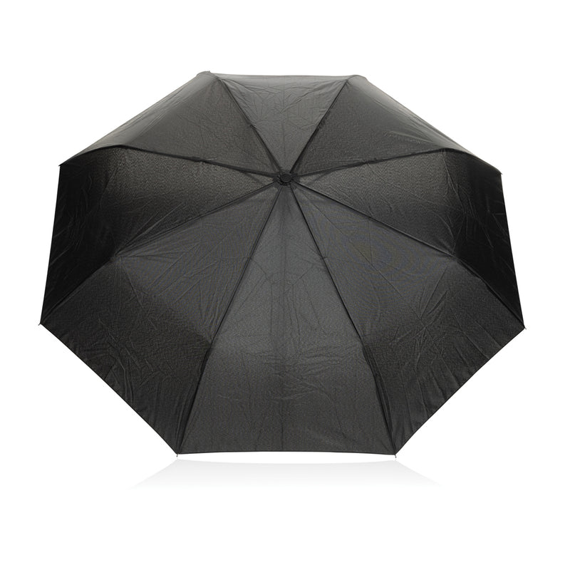 Load image into Gallery viewer, XD Collection Yara 21-inch AWARE™ RPET solid color umbrella with carabiner, shown open with vibrant fabric and sturdy handle.