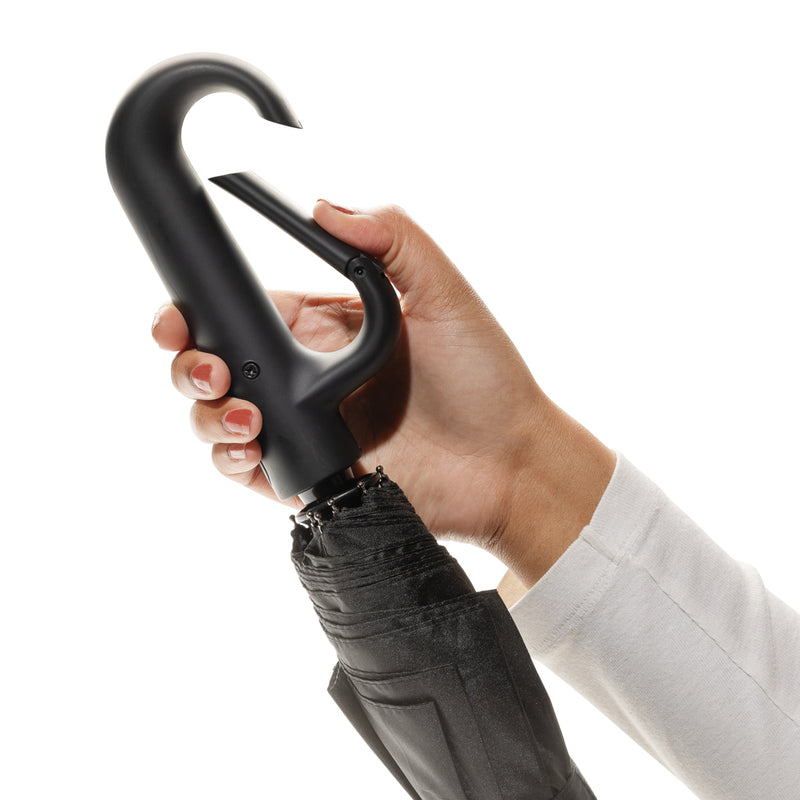 Load image into Gallery viewer, XD Collection Yara 21-inch AWARE™ RPET solid color umbrella with carabiner, shown open with vibrant fabric and sturdy handle.