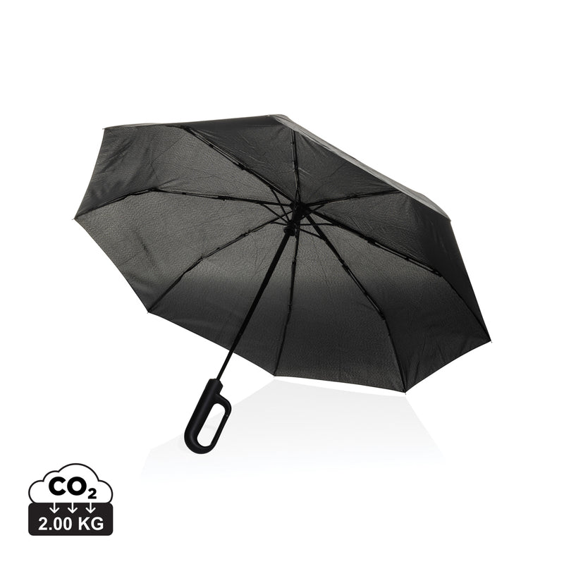 Load image into Gallery viewer, XD Collection Yara 21-inch AWARE RPET solid color umbrella with carabiner, showing the vibrant canopy and convenient attachment clip.