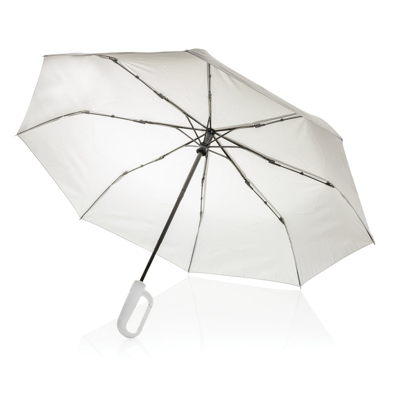 Load image into Gallery viewer, XD Collection Yara 21-inch AWARE™ RPET solid color umbrella with carabiner, shown opened with vibrant fabric and sturdy handle.