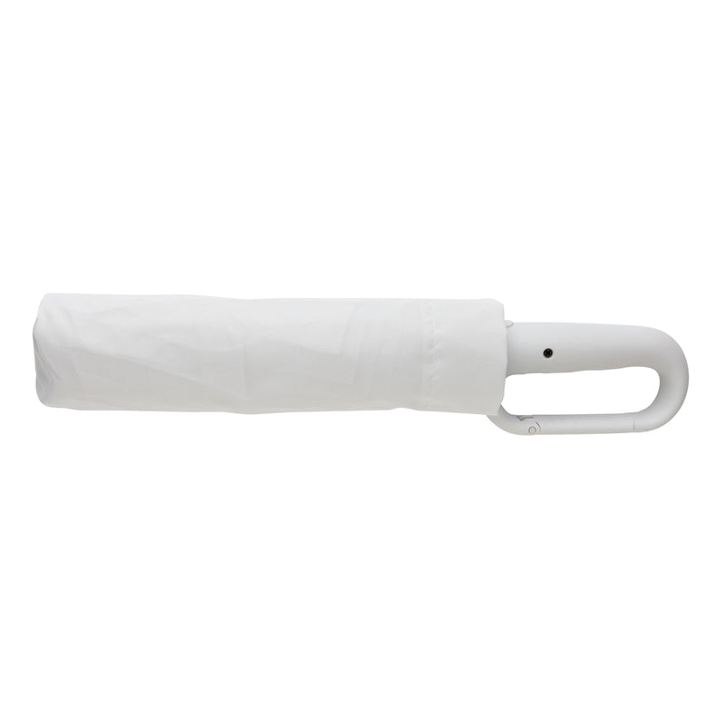 Load image into Gallery viewer, XD Collection Yara 21-inch AWARE™ RPET solid color umbrella with carabiner, featuring a vibrant canopy and convenient clip attachment.
