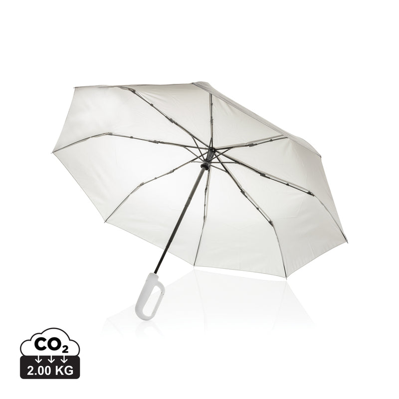 Load image into Gallery viewer, XD Collection Yara 21-inch AWARE™ RPET solid color umbrella with carabiner, featuring a vibrant canopy and convenient clip attachment.
