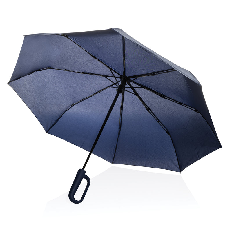 Load image into Gallery viewer, XD Collection Yara 21-inch AWARE™ RPET solid color umbrella with carabiner, showcasing the compact, eco-friendly design.